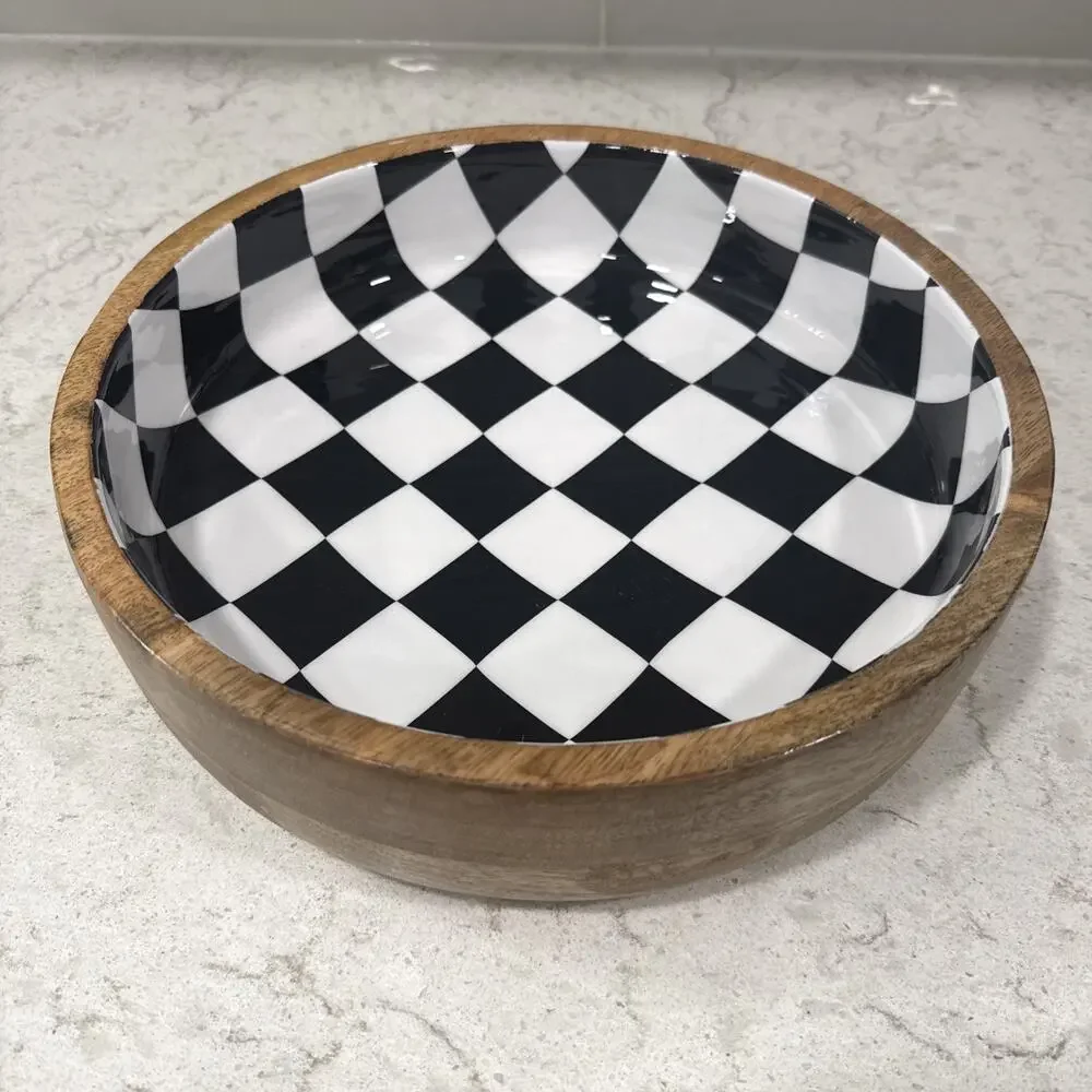 Black White Checker Enamel on Wood 12” Serving Tray / Bowl Enameled Checkerboard